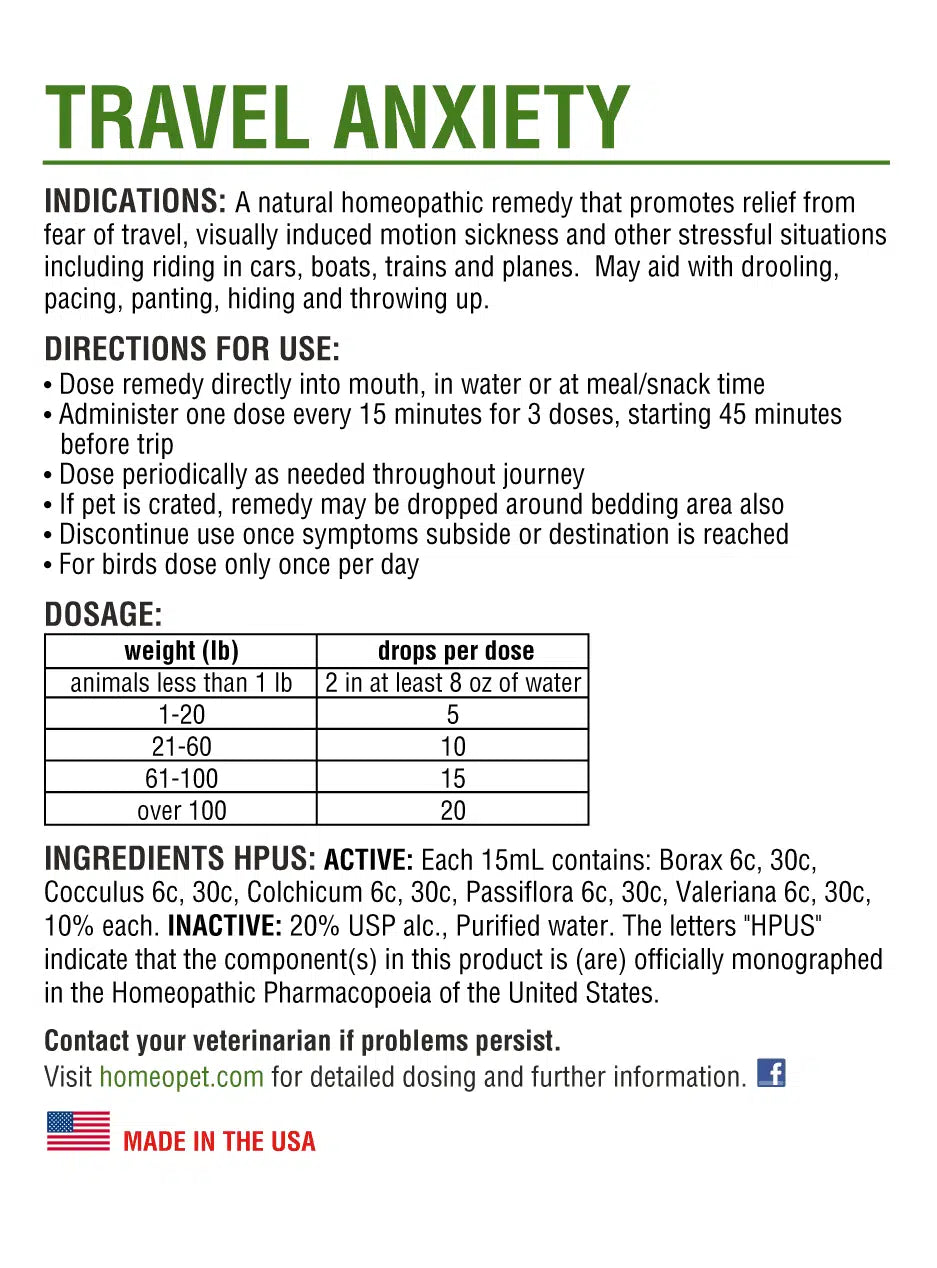 HomeoPet Travel Anxiety For Pets 15ml